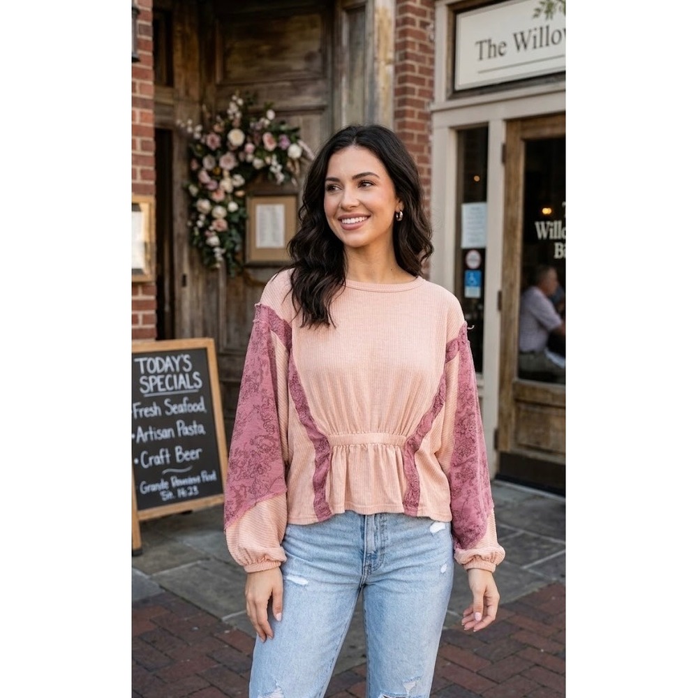 Gimmicks BKE Peach Mauve Floral Ribbed Peplum Lace Top Boho Dolman Sleeve Small